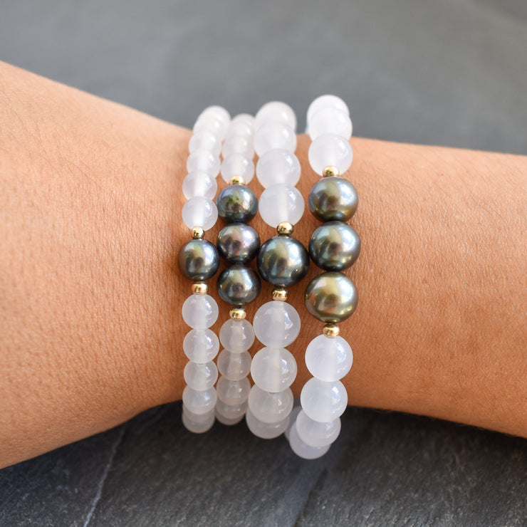 6mm White Agate Stretchy Bracelet - Single Freshwater Pearl - Yay Hawaii