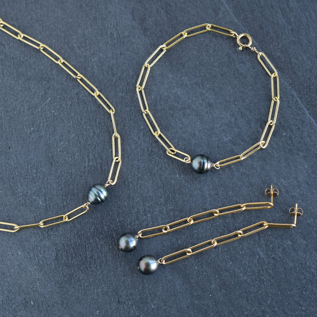 Long Paperclip Earrings with Tahitian Pearl - Yay Hawaii