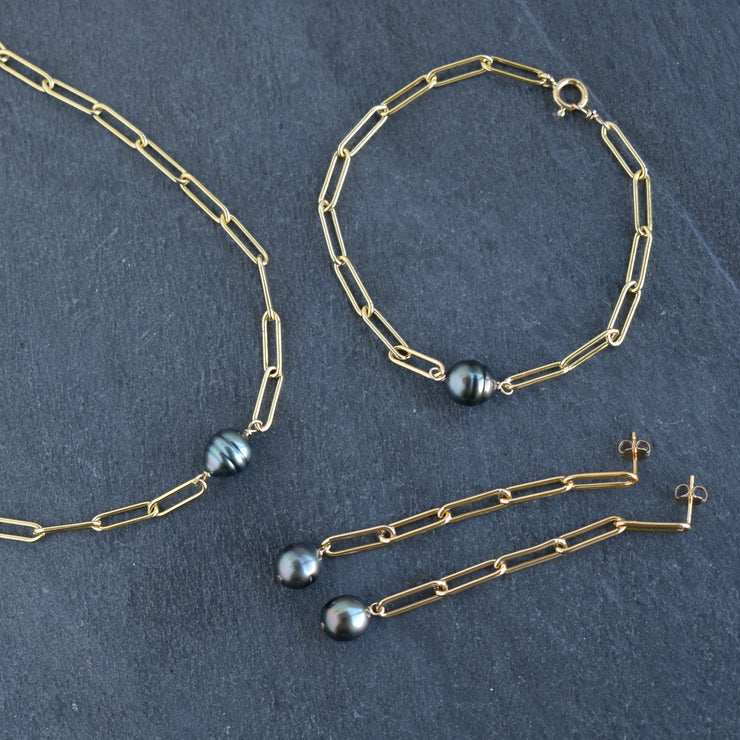 Long Paperclip Earrings with Tahitian Pearl - Yay Hawaii