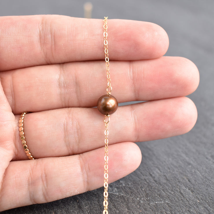 Single Chocolate Brown Pearl Station Necklace - Yay Hawaii