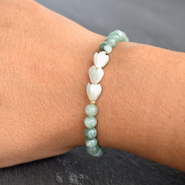 6mm Jade Stretchy Bracelet - Triple SMALL Pikake - Yay Hawaii