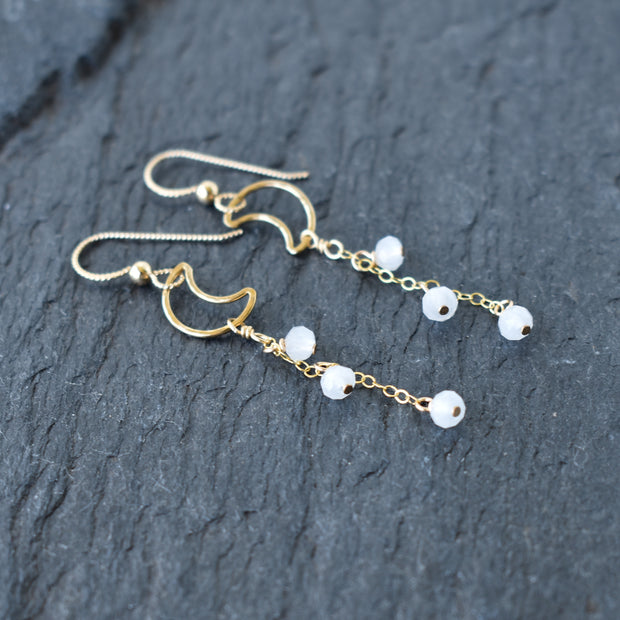 Dangling Crescent Moon Earrings with White Beads - Yay Hawaii
