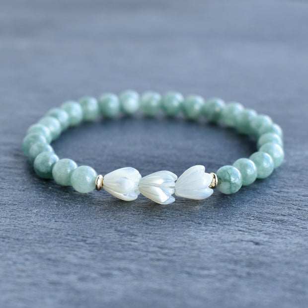 6mm Jade Stretchy Bracelet - Triple SMALL Pikake - Yay Hawaii