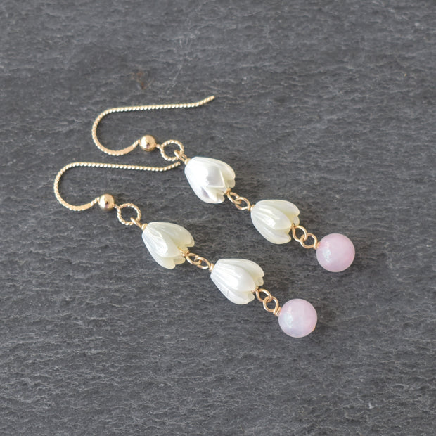 Dangling Linked Pikake & Rose Quartz Earrings - Yay Hawaii