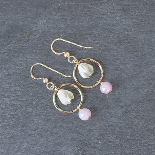 Small Hoop Earrings with Pikake and Rose Quartz - Yay Hawaii