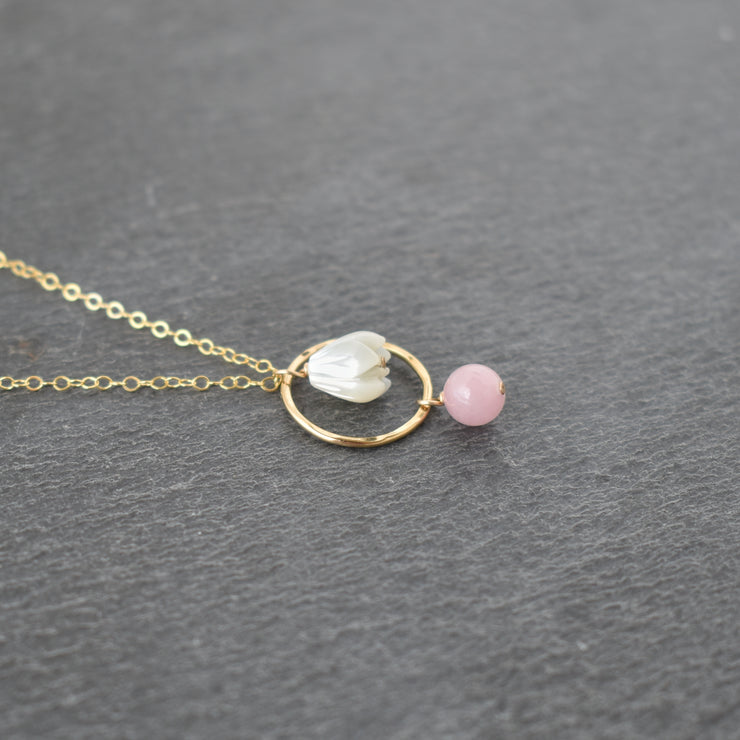 Small Hoop Necklace with Rose Quartz and Pikake - Yay Hawaii