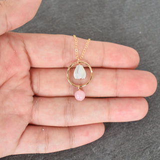 Small Hoop Necklace with Rose Quartz and Pikake - Yay Hawaii