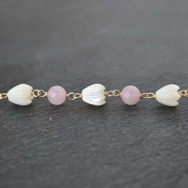Linked Rose Quartz and Pikake Bracelet with Extender - Yay Hawaii
