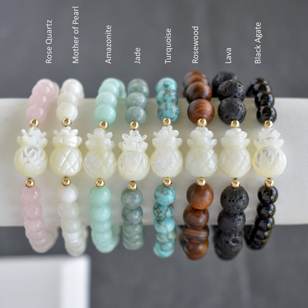 Mother of Pearl Pineapple and Gemstone Stretchy Bracelet - Yay Hawaii